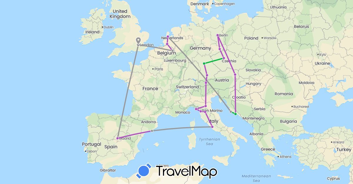 TravelMap itinerary: bus, plane, train in Austria, Czech Republic, Germany, Spain, United Kingdom, Croatia, Italy, Netherlands (Europe)